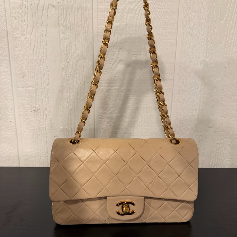 SOLD - Chanel Vintage Small Beige Double Flap Quilted Leather Shoulder Bag
